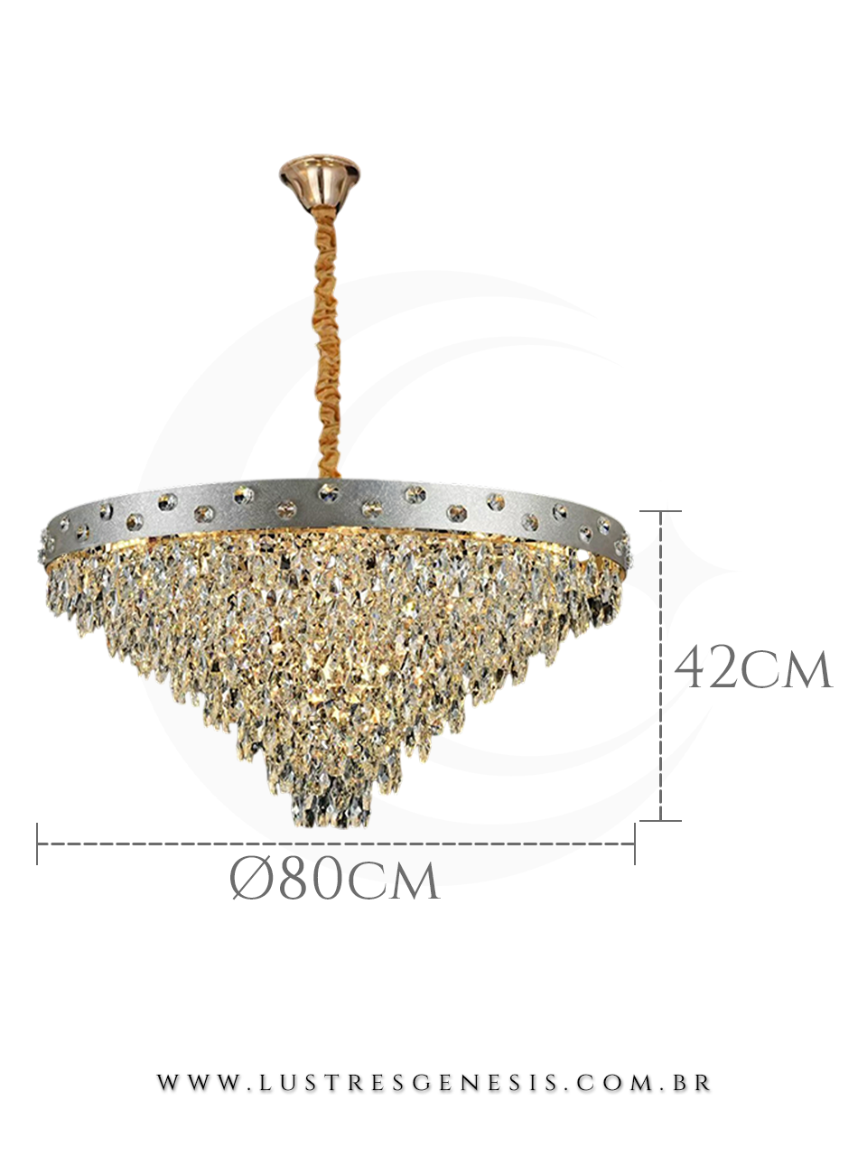 Lustre pendente dourado de cristal Bolty redondo grande &Oslash;80cm, ideal para sala de jantar ou estar, com design contempor&acirc;neo e acabamento sofisticado.